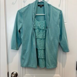 Elementz Blue Cardigan Sweater Set with Lace Detail petite medium